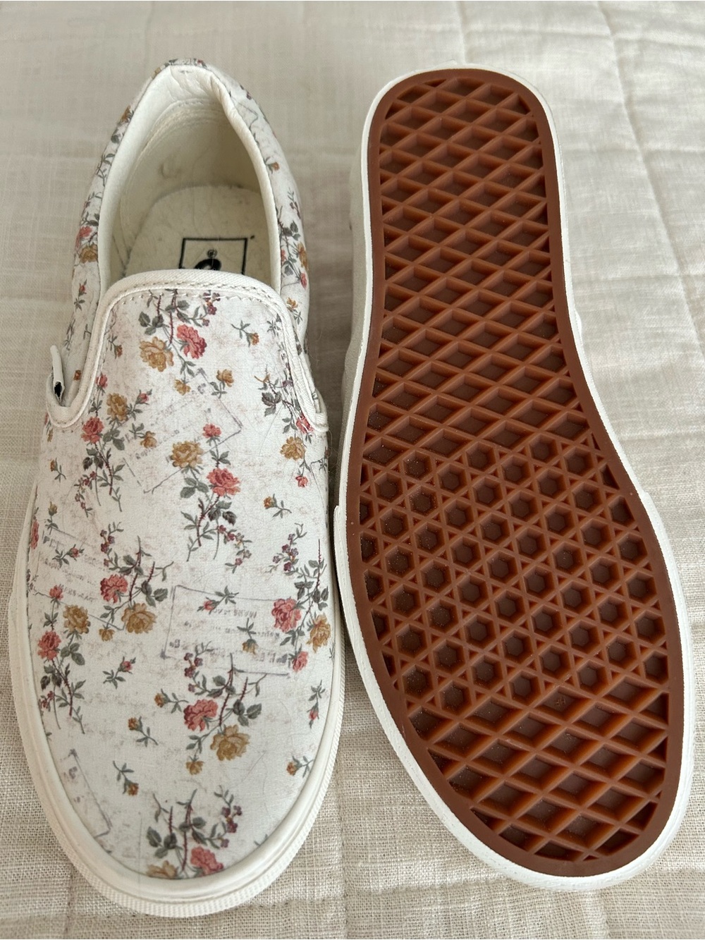 Floral Vans Slip-On Canvas Sneakers in White with Pink & Mustard Flowers